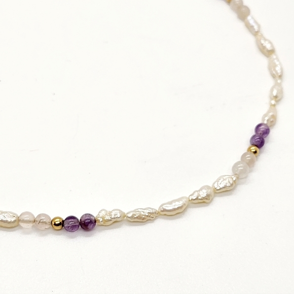Petite Fresh Water Pearl Rose Quartz & Amethyst Necklace - Picture 5 of 6